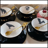 4 Teacup & Saucer Sets, Bat, Cat, Crow and Eye Design, 8 oz, Porcelain