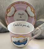 Green and Blue on Preorder - Funny Cat Teacup & Saucer Set, 8 oz, Porcelain