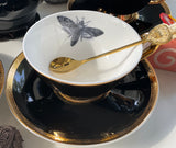 Black & Gold Halloween Tea Set with spoons, Bat/Cat/Crow/Moth design