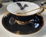 Black & Gold Halloween Tea Set with spoons, Bat/Cat/Crow/Moth design