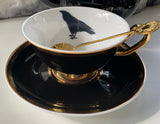Black & Gold Halloween Tea Set with spoons, Bat/Cat/Crow/Moth design