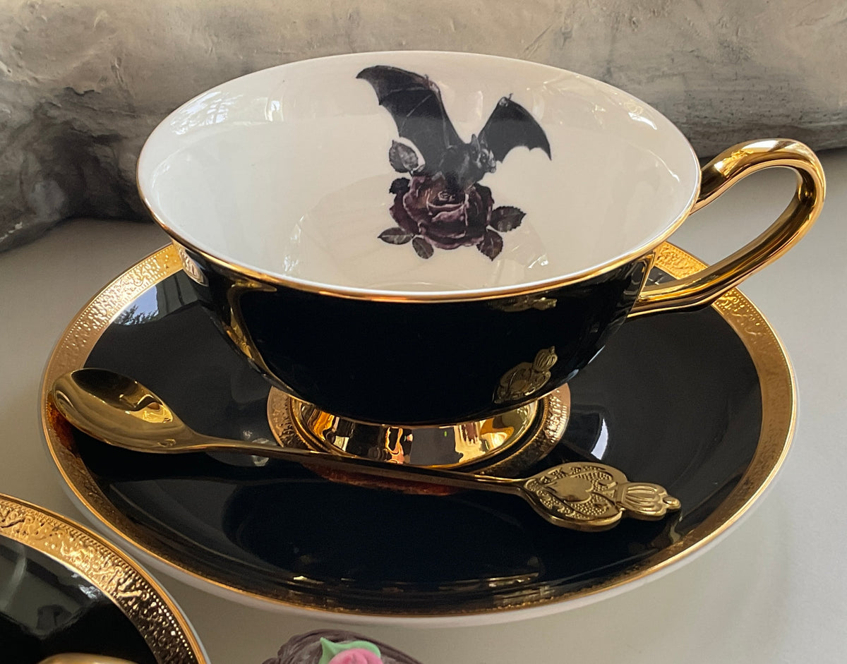 Black & Gold Halloween Tea Set with spoons, Bat/Cat/Crow/Moth design –  Angioletti Designs