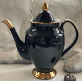 Black & Gold Halloween Tea Set with spoons, Bat/Cat/Crow/Moth design