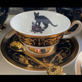 Set of four - Purple Rose Bat, Cat, Crow, and Moth Teacup & Saucer Set, 8 oz, spoons included