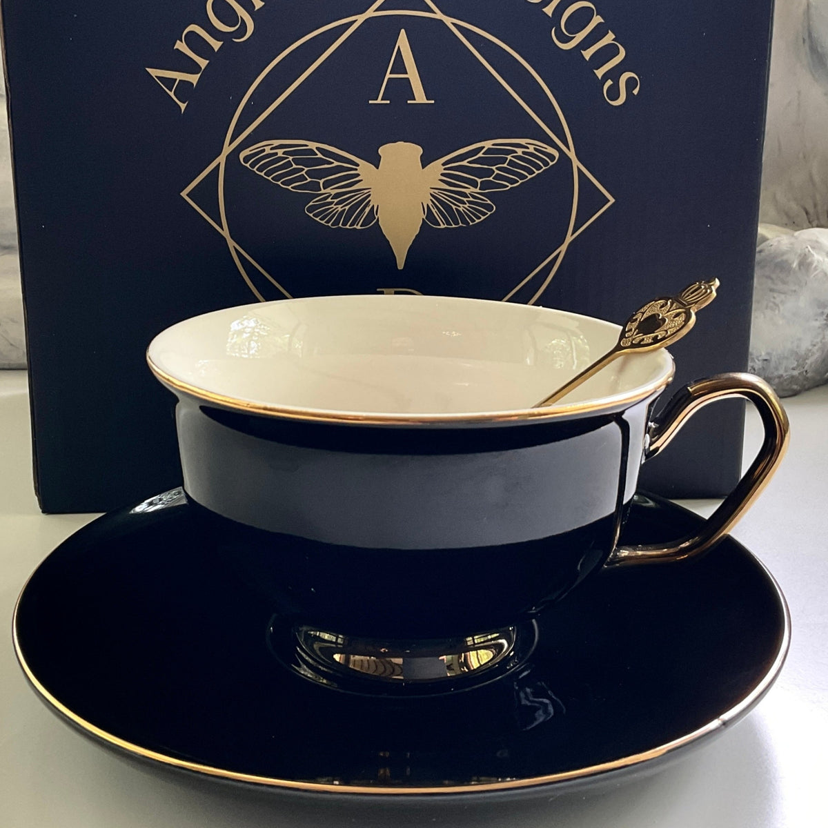 White Rim Gold Short Coffee Cup (or tea) / Saucer