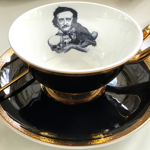 22k Gold Edgar Allan Poe Teacup and Saucer Set with Spoon, Porcelain. Holds 8 ounces.