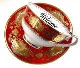 You are All Invited. Lovely Bright Red Teacup & Saucer Set, 8 Ounces, Porcelain.