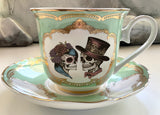 Green and Blue on Preorder - Skull Couple Teacup and Saucer Set, 8 oz