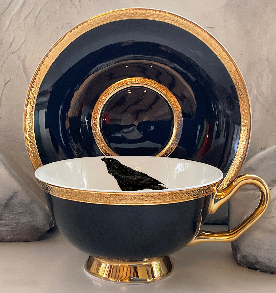 Royal Vienna Black with Gold top 24K Gilt Porcelain Footed Cup and Saucer, Set of 2