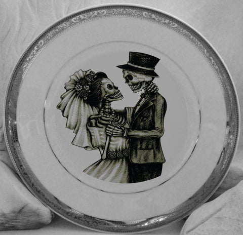 Skeleton Wedding Couple Plate or cup and saucer set, Porcelain