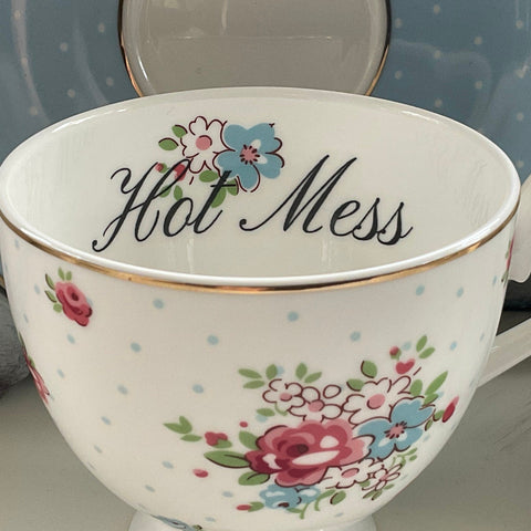“Hot mess” Teacup & Saucer Set, 8 oz, Porcelain