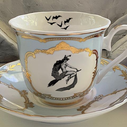Flying Witch Teacup & Saucer Set, 8 oz, vegan bone china