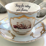 Green and Blue on Preorder - Funny Cat Teacup & Saucer Set, 8 oz, Porcelain