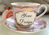Customizable teacup & saucer set, 8 oz, vegan bone china