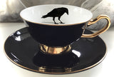 Black Crow Teacup & Saucer Set, 8 oz, Porcelain