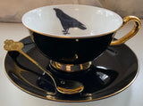 4 Teacup & Saucer Sets, Bat, Cat, Crow and Eye Design, 8 oz, Porcelain