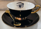 4 Teacup & Saucer Sets, Bat, Cat, Crow and Eye Design, 8 oz, Porcelain