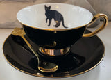 4 Teacup & Saucer Sets, Bat, Cat, Crow and Eye Design, 8 oz, Porcelain