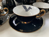4 Teacup & Saucer Sets, Bat, Cat, Crow and Eye Design, 8 oz, Porcelain