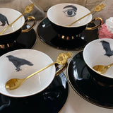 4 Teacup & Saucer Sets, Bat, Cat, Crow and Eye Design, 8 oz, Porcelain