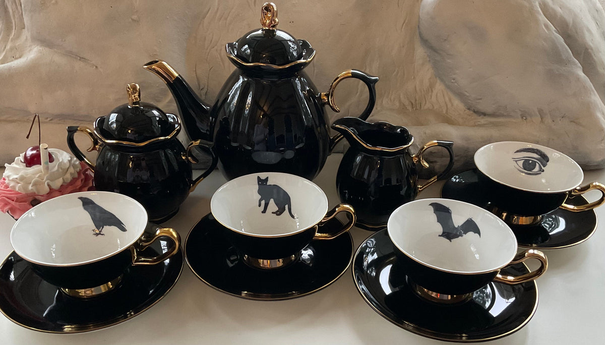 6 Piece Black Bat Tea Set Ceramic Halloween Decor Goth Pottery