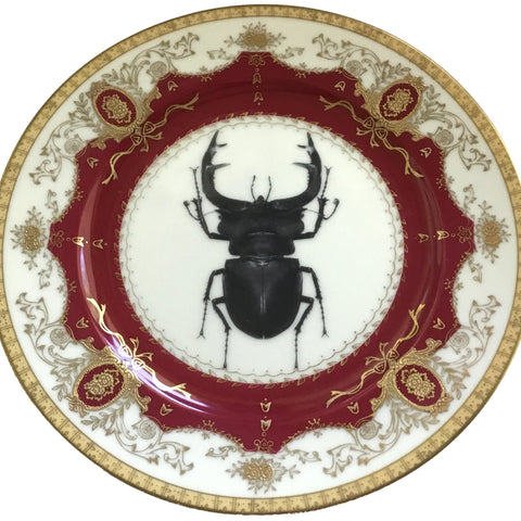 Vintage maroon and gold stag beetle plate or cup and saucer set, porcelain