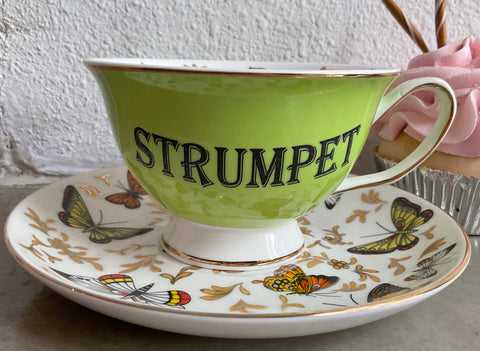 Lovely Rude Butterfly Teacup and Saucer Set, 8 oz, Porcelain.