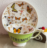 Lovely Rude Butterfly Teacup and Saucer Set, 8 oz, Porcelain.