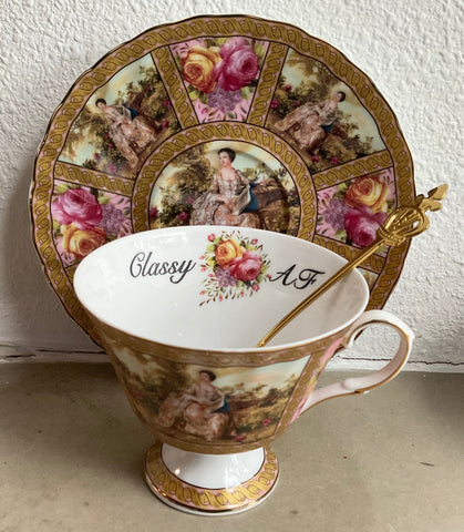 Classy AF! 6 -Ounce Elegant Rococo Teacup and Saucer Set, Available in Pink or Blue.