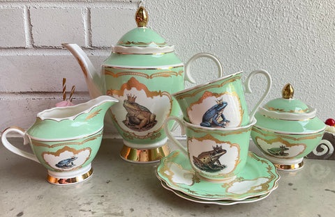 Frog Prince Tea Set, 7 or 11 Pieces, Food Safe and Durable. Vegan Bone China.