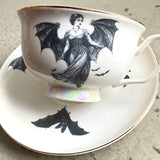 Large capacity - white bat lady cup and saucer set, 15 ounces