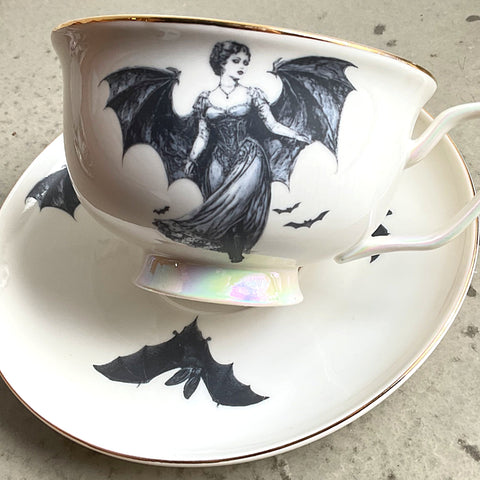 Large capacity - white bat lady cup and saucer set, 15 ounces