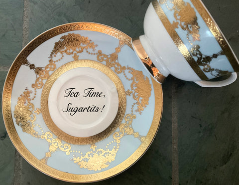 Tea Time! - Baby Blue and Gold Custom Teacup, 8 Ounces. Foodsafe and Extremely Durable.