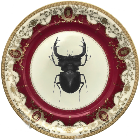 Vintage maroon and gold stag beetle plate or cup and saucer set, porcelain