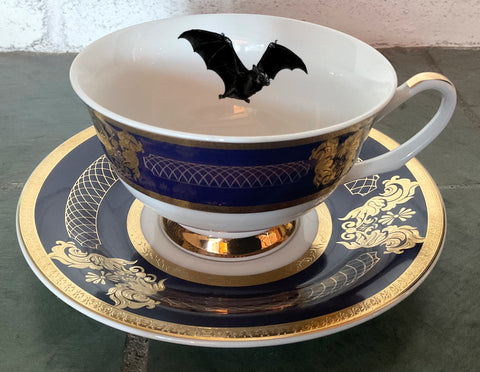 FREE SHIPPING-Gorgeous Dark Blue and Gold Bat Teacup and Saucer Set, Food- and Dishwasher Safe.