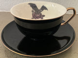 Large Capacity Bat Cup and Saucer Set (12 oz), Black and Gold. Food Safe, Porcelain.