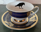 Gorgeous Dark Blue and Gold Crow Teacup and Saucer Set or Dinner Plate, Porcelain
