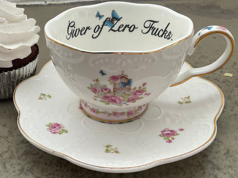 Giver of Zero F's Teacup and Saucer Set With Spoon. Porcelain, Food Safe, Durable.