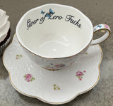 Giver of Zero F's Teacup and Saucer Set With Spoon. Porcelain, Food Safe, Durable.