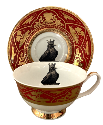Red and Gold Royal Raven Plate or Cup/Saucer Set, Porcelain. Food Safe and Durable.