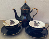 JUMBO SIZE Teapot (40 oz) and Two Large Capacity Raven & Bat Cup and Saucer Sets (12 oz). Food Safe, Porcelain.