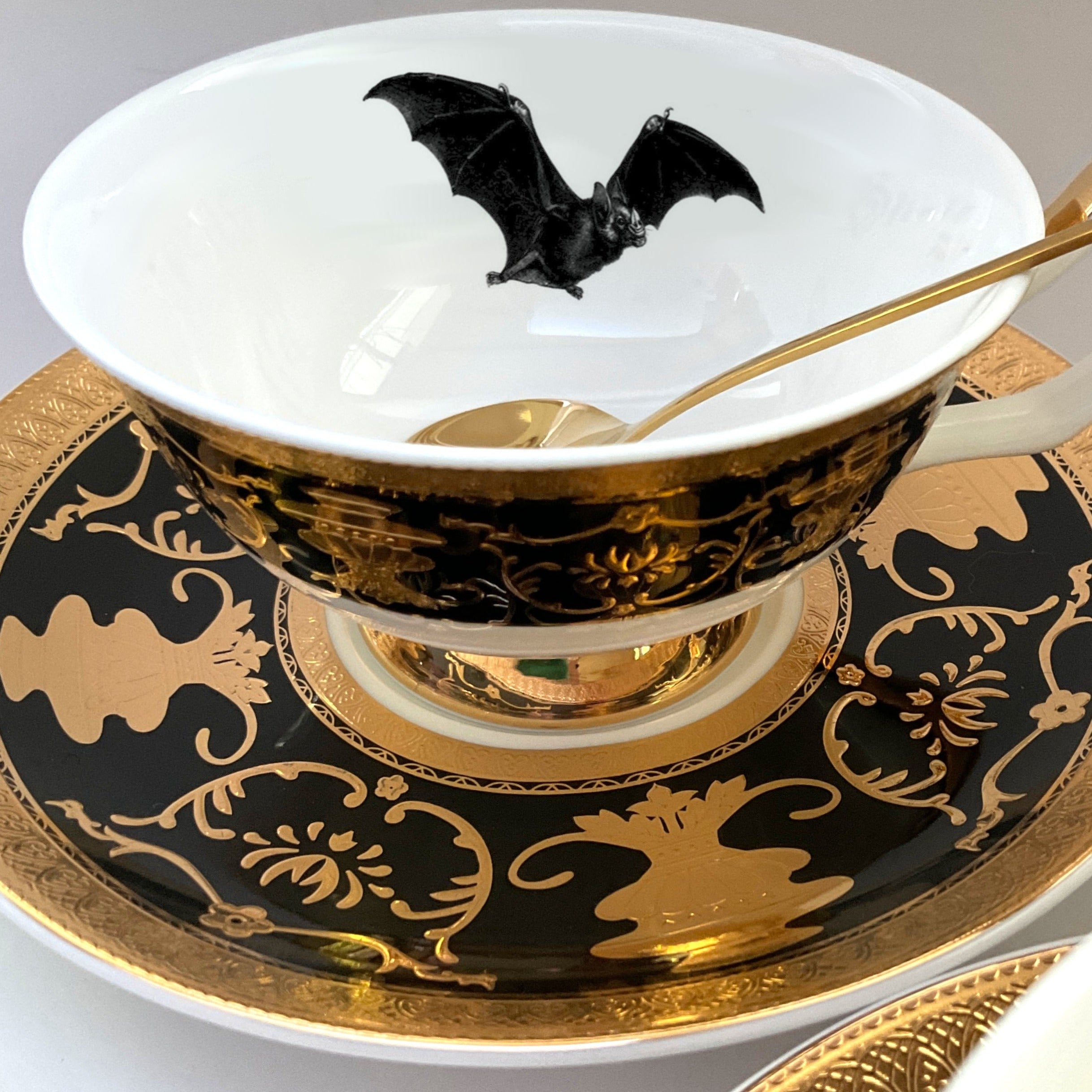 Black & Gold Halloween Tea Set with spoons, Bat/Cat/Crow/Moth design –  Angioletti Designs