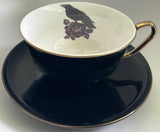 Large Capacity Raven Cup and Saucer Set (12 oz), Black and Gold. Food Safe, Porcelain.