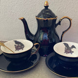 JUMBO SIZE Teapot (40 oz) and Two Large Capacity Raven & Bat Cup and Saucer Sets (12 oz). Food Safe, Porcelain.