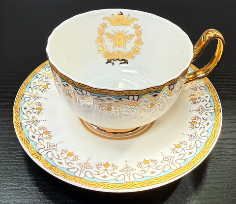 Gold Queen Bee Ornate Floral Teacup and Saucer Set