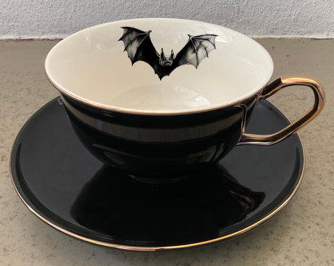 NEW JUMBO SIZE! Bat Teacup and Saucer Set, 12 Ounces. Porcelain.