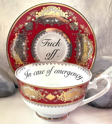 Just in case. Lovely Bright Red Teacup & Saucer Set, 8 Ounces, Porcelain.