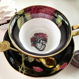 Anatomical heart Black Rose Teacup & Saucer Set, 8 oz, Porcelain