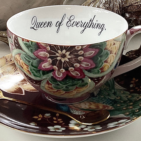 “Queen of Everything” Teacup and Saucer Set, 10 oz, Porcelain
