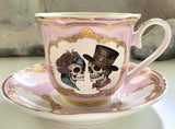 Blue And Green For Preorder - Adorable Skull Couple Teacup and Saucer Set, 8 oz